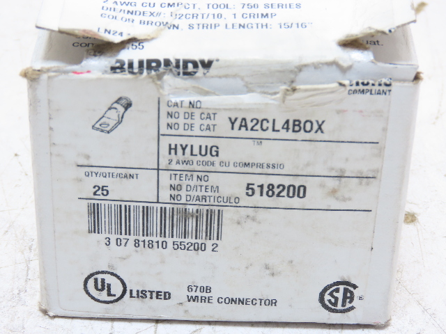 Box of 25 Burndy YA2CL4 Copper Compression Lugs One Hole 2 AWG Brown 3/8" Stud
