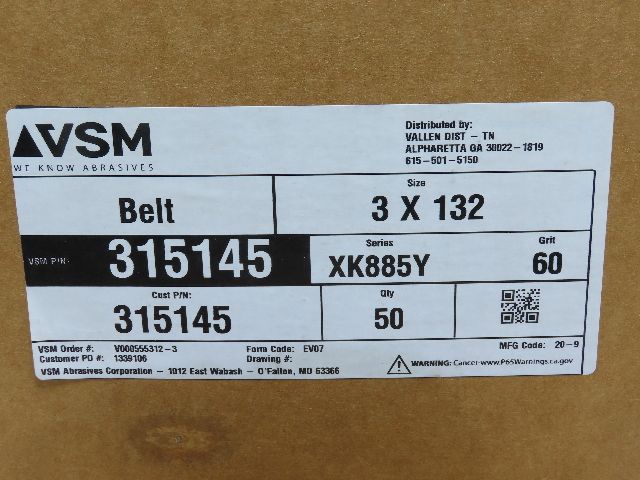 VSM Abrasives 315145 3x132" 60 Grit Ceramic Abrasive Polyester Cloth Belt QTY 50