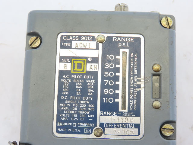 SQUARE D ACW1 PRESSURE SWITCH 1-110 PSI 7-30 DIFFERENTIAL