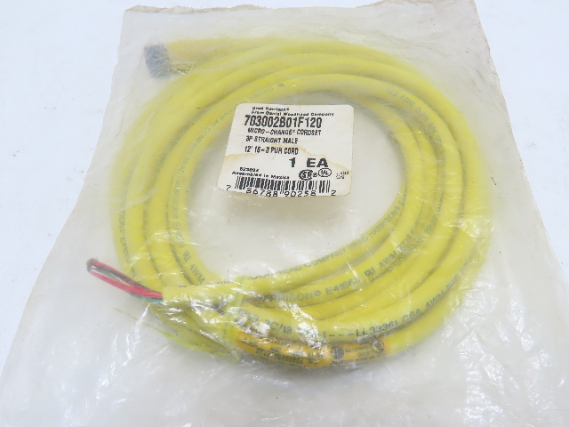 Brad 703002B01F120 Micro-Change Cordset 3 Poles Male strt-Open Wire 12' Long