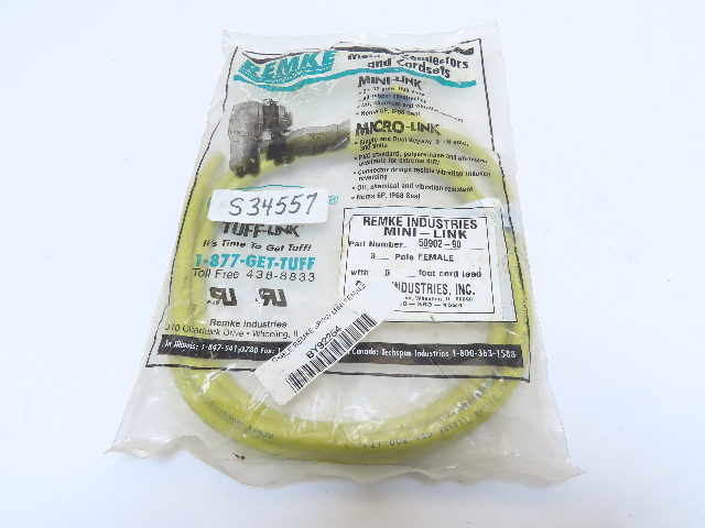 Remke 50902-90 Cordset Connector 3 Pole Female (collar) 90&deg;  1 end plain 6' Lgth
