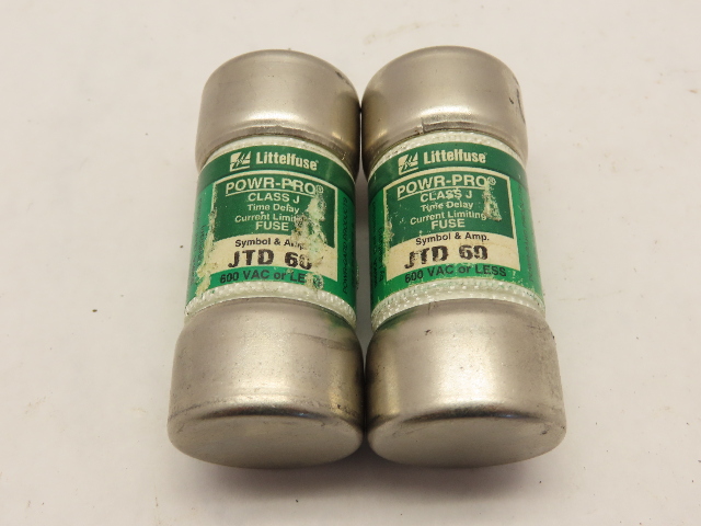 Lot of 2 good used LITTELFUSE JTD 60 ID CLASS J 600VAC TIME DELAY FUSES