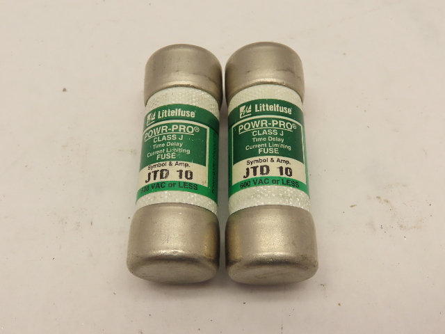 Lot of 2 good used LITTELFUSE JTD 10  CLASS J 600VAC TIME DELAY FUSES