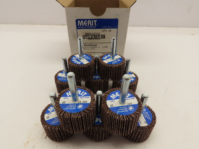 Box of 10 MERIT 08834137340 Mounted Flap Wheels 1-1/2"x 1" 60 Grit 1/4" Shank