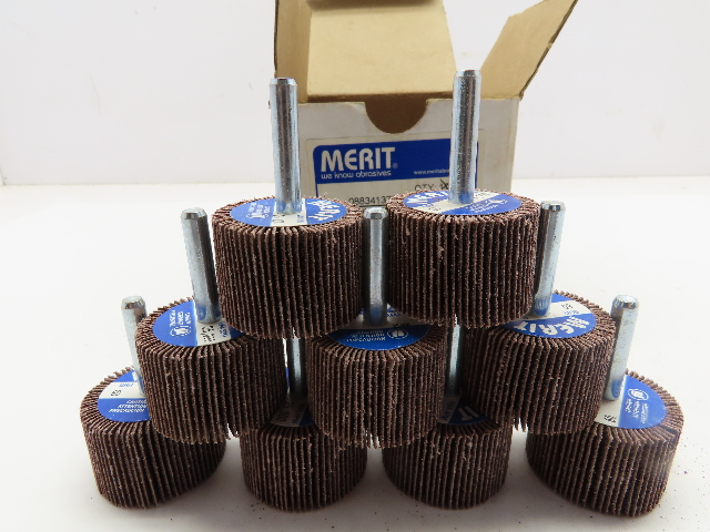 Box of 9 MERIT 08834137340 Mounted Flap Wheels 1-1/2"x 1" 60 Grit 1/4" Shank