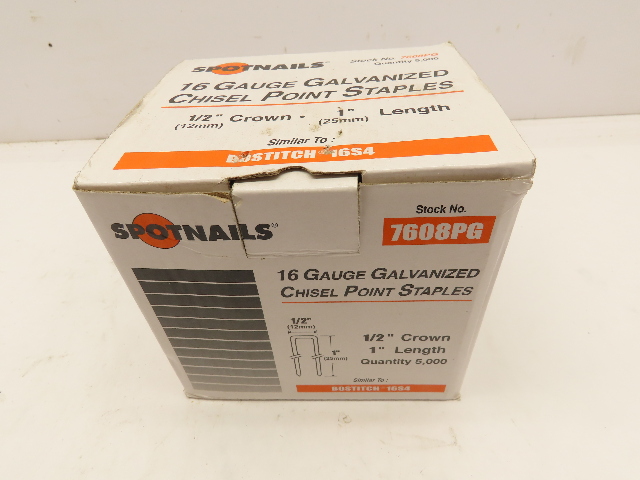 Spotnail 7608PG Medium Crown Staples 16Ga Galv Chisel Point 1/2"Crown 1"Long