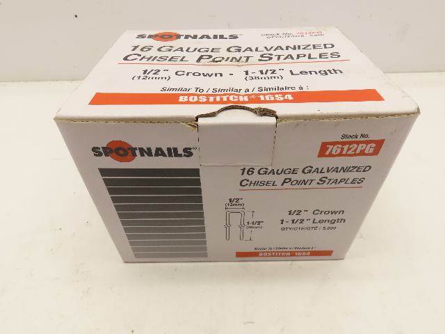 Spotnail 7612PG Staples 16Ga Galv Chisel Point 1/2"Crown 1-1/2"Long 5000 staples