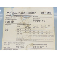 Siemens ITE F251H 30 Amp 600 Volt 1PH 2 Pole Nema 12 Fusible Disconnect Switch
