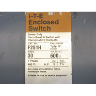 Siemens ITE F251H 30 Amp 600 Volt 1PH 2 Pole Nema 12 Fusible Disconnect Switch