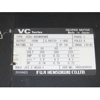 Fuji VC01-400MHPHKB MLC6063C 100 Watt Geared Motor 400:1 4.5 RPM 220V 3PH