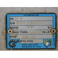 Nord SK-32W Gear Reducer 4.43:1 Ratio 4098 IN LB 396RPM Shaft in/out Inline