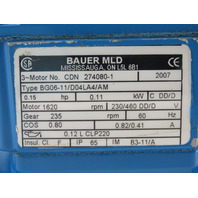 BAUER MLD BG06-11/D04LA4/AM .15HP 235RPM 230/460V 6.89:1 Ratio Gear Motor