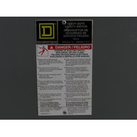 Square D H365 400A 3 Wire 600VAC/DC 250Hp  Fusible Safety Disconnect Switch