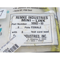 Remke 50902-90 Cordset Connector 3 Pole Female (collar) 90&deg;  1 end plain 6' Lgth