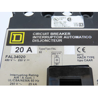 Square D FAL34020 Feed-Thru Circuit Breaker 20A 240/480V 3P 3PH Type FAL 20 Amp