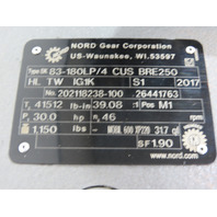 Nord SK 83-180LP 30HP 39:1 In-Line Helical Gearmotor W/Brake Invertor & Encoder