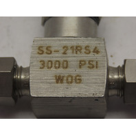 Whitey SS-21RS4 316 Stainless Steel Needle Valve 3000 PSI 1/4" Tube compression