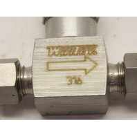 Whitey SS-21RS4 316 Stainless Steel Needle Valve 3000 PSI 1/4" Tube compression