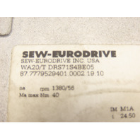 SEW-EURODRIVE WA20/T DRS71S4BE05 24.5:1 Invertor Duty Gear Motor1/2Hp69RPM Brake