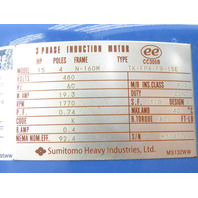 Sumitomo KHYM15-82-EPY2-B-15 15Hp Helical Gear Motor 15:1 Ratio 117 RPM 480V